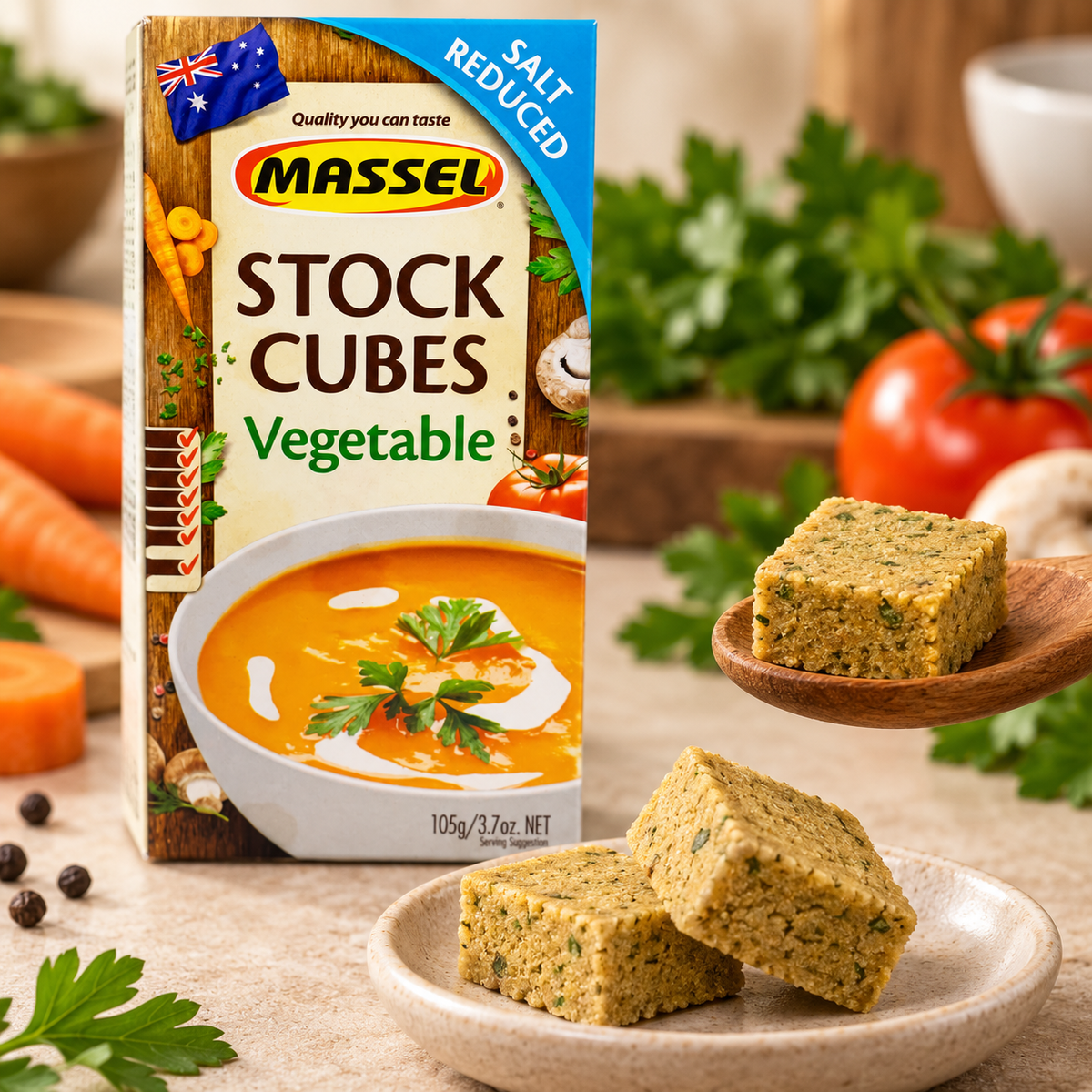 A Massel Ultracube Salt Reduced Vegetable Stock Cube being dissolved in a pan.