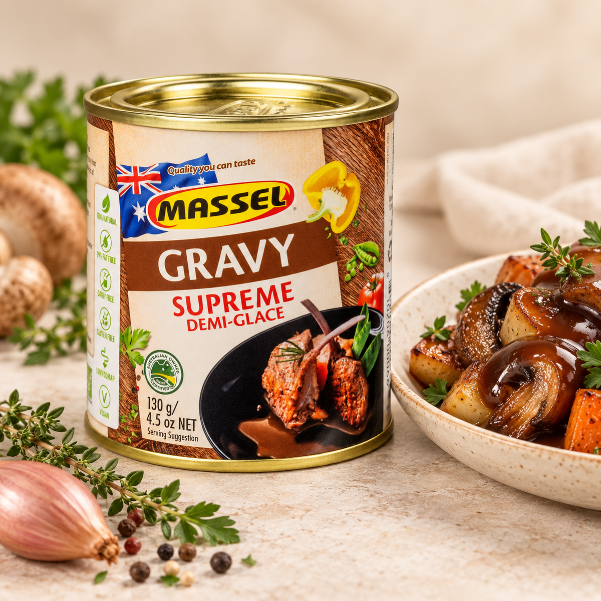 Massel Gravy Supreme pack on a kitchen counter.