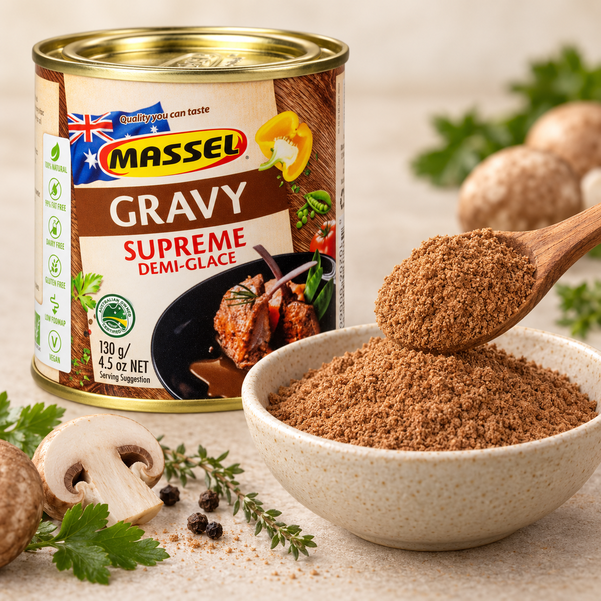 Massel Gravy Supreme being poured over a roast dinner.
