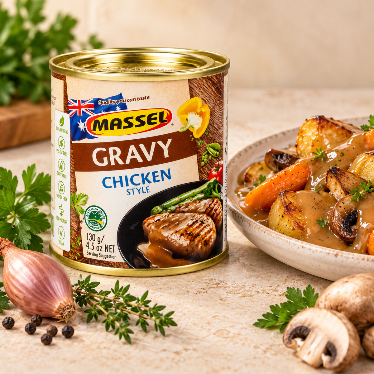 Massel Gravy Chicken Style pack on a kitchen counter.