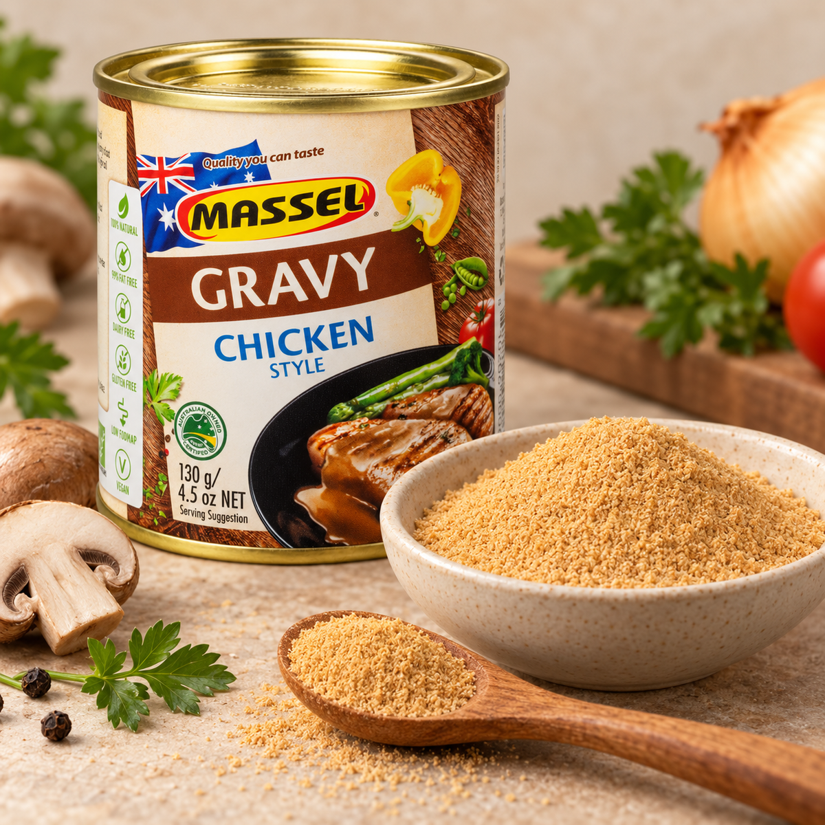 Massel Gravy Chicken Style being poured over a roast dinner.