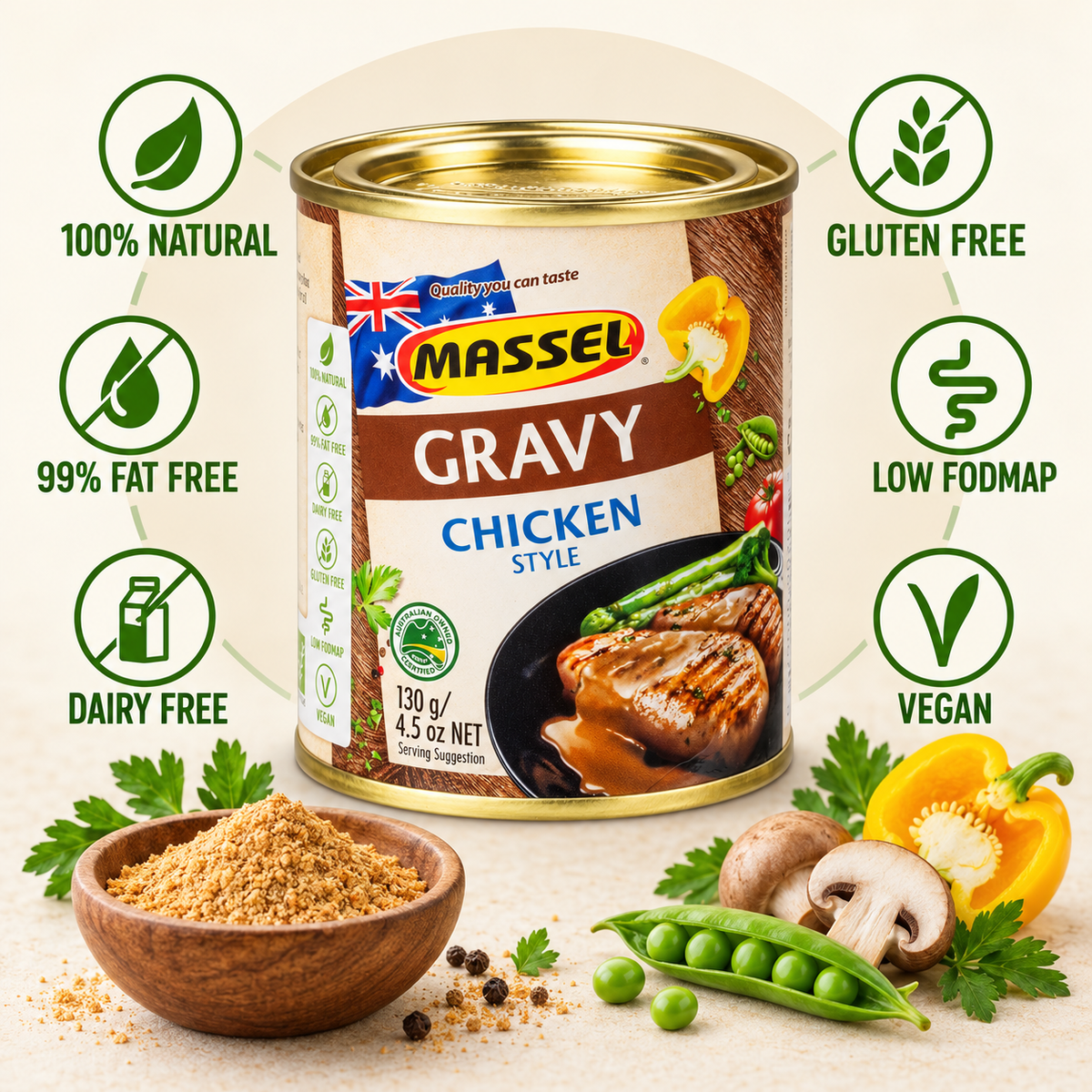 Massel Gravy Chicken Style used in a finished roast dinner dish.