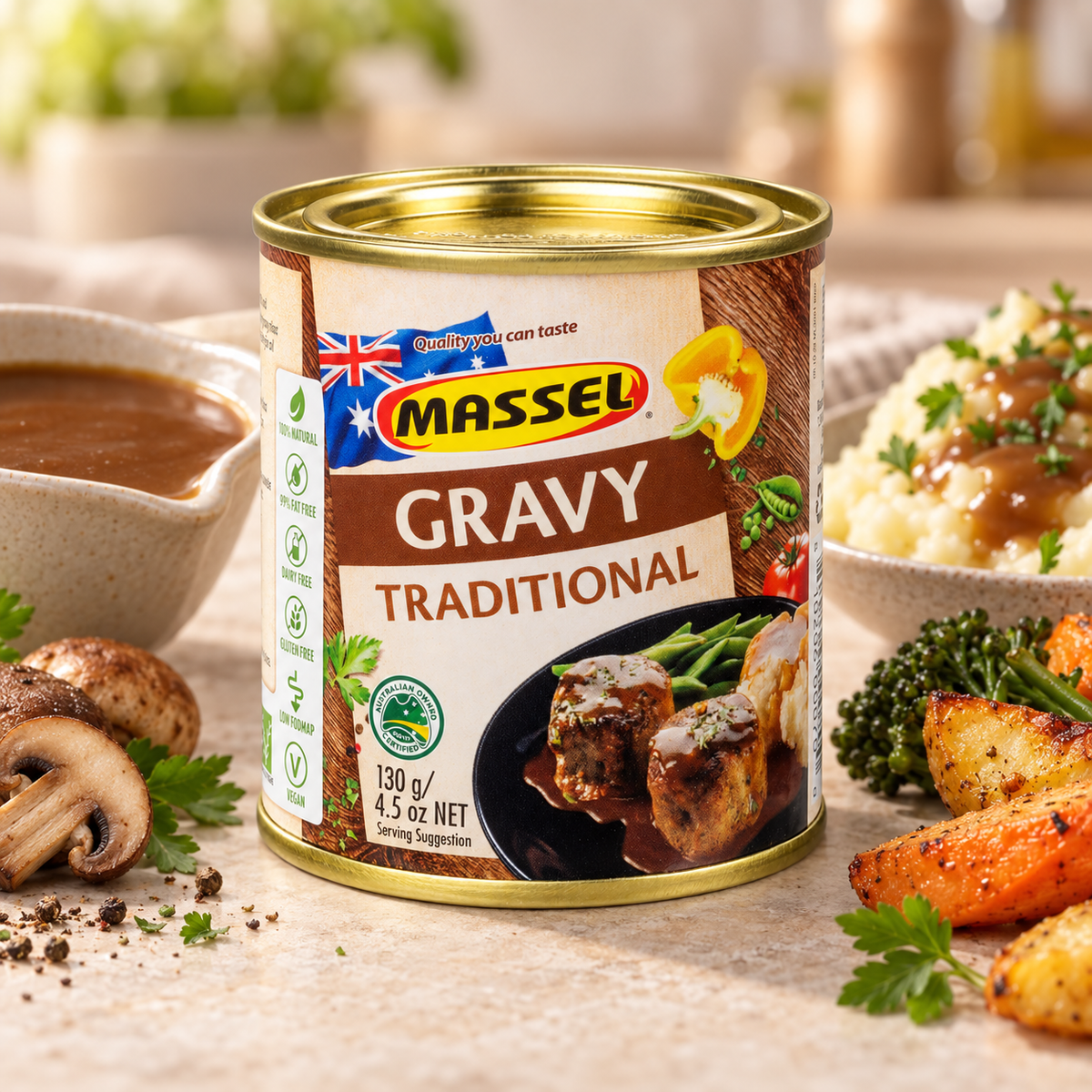 Massel Gravy Traditional pack on a kitchen counter.