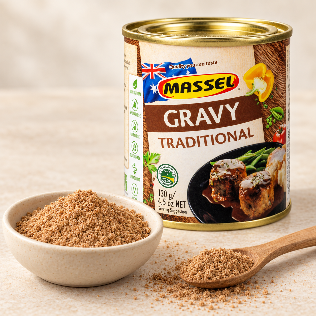 Massel Gravy Traditional being poured over a roast dinner.