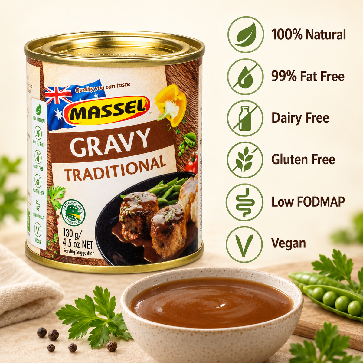 Massel Gravy Traditional used in a finished roast dinner dish.