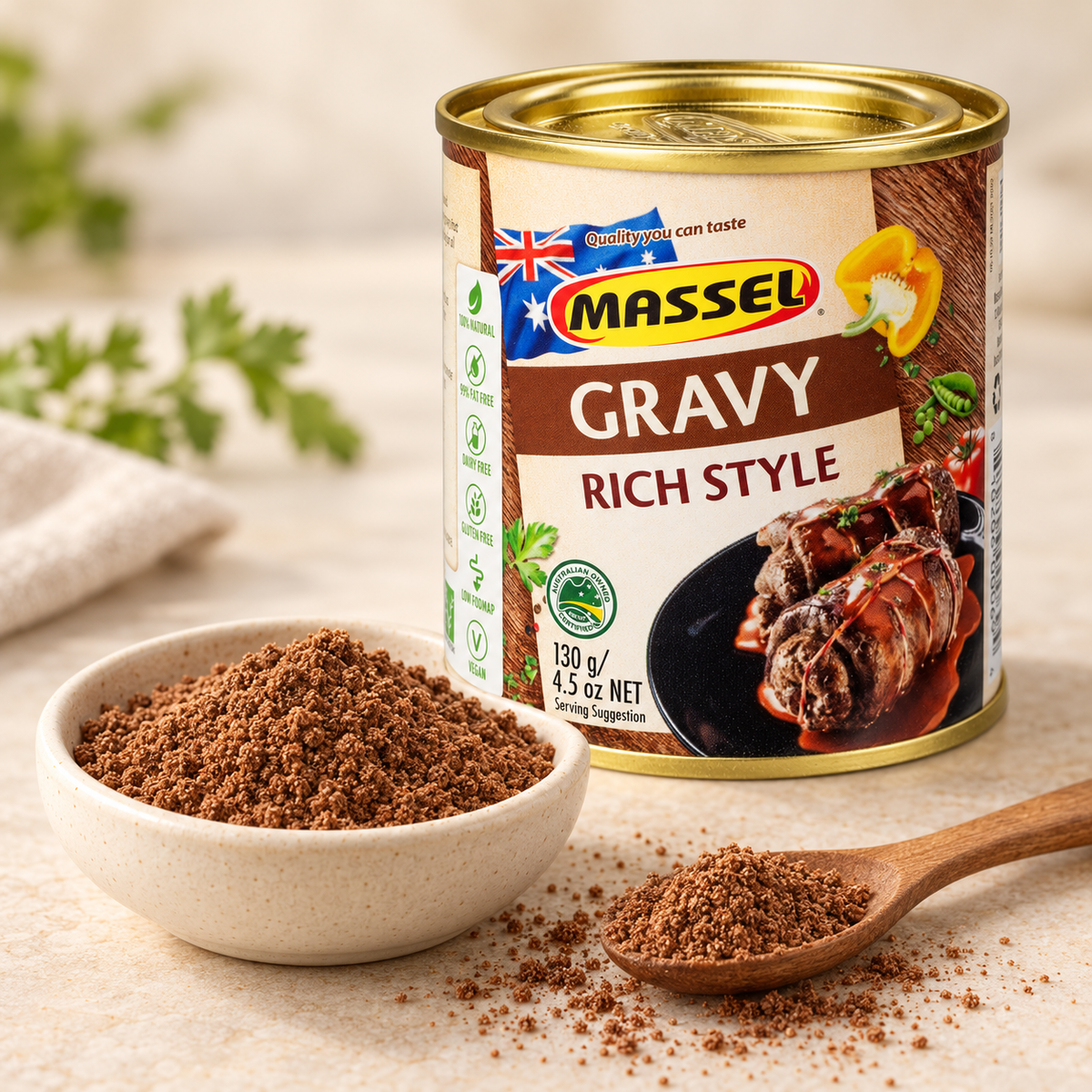 Massel Gravy Rich Roast being poured over a roast dinner.