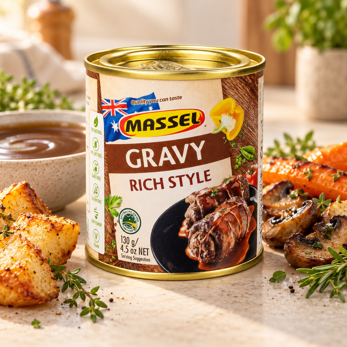 Massel Gravy Rich Roast pack on a kitchen counter.