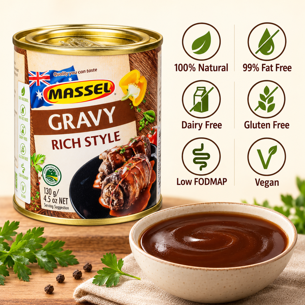 Massel Gravy Rich Roast used in a finished roast dinner dish.