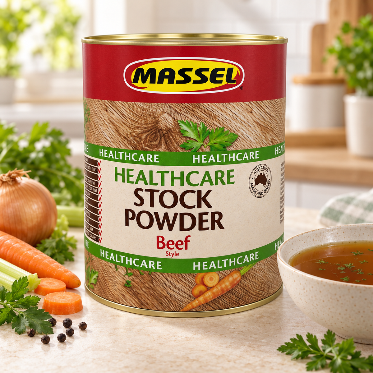 Massel BULK Advantage Healthcare Beef Stock Powder tub on a kitchen counter.