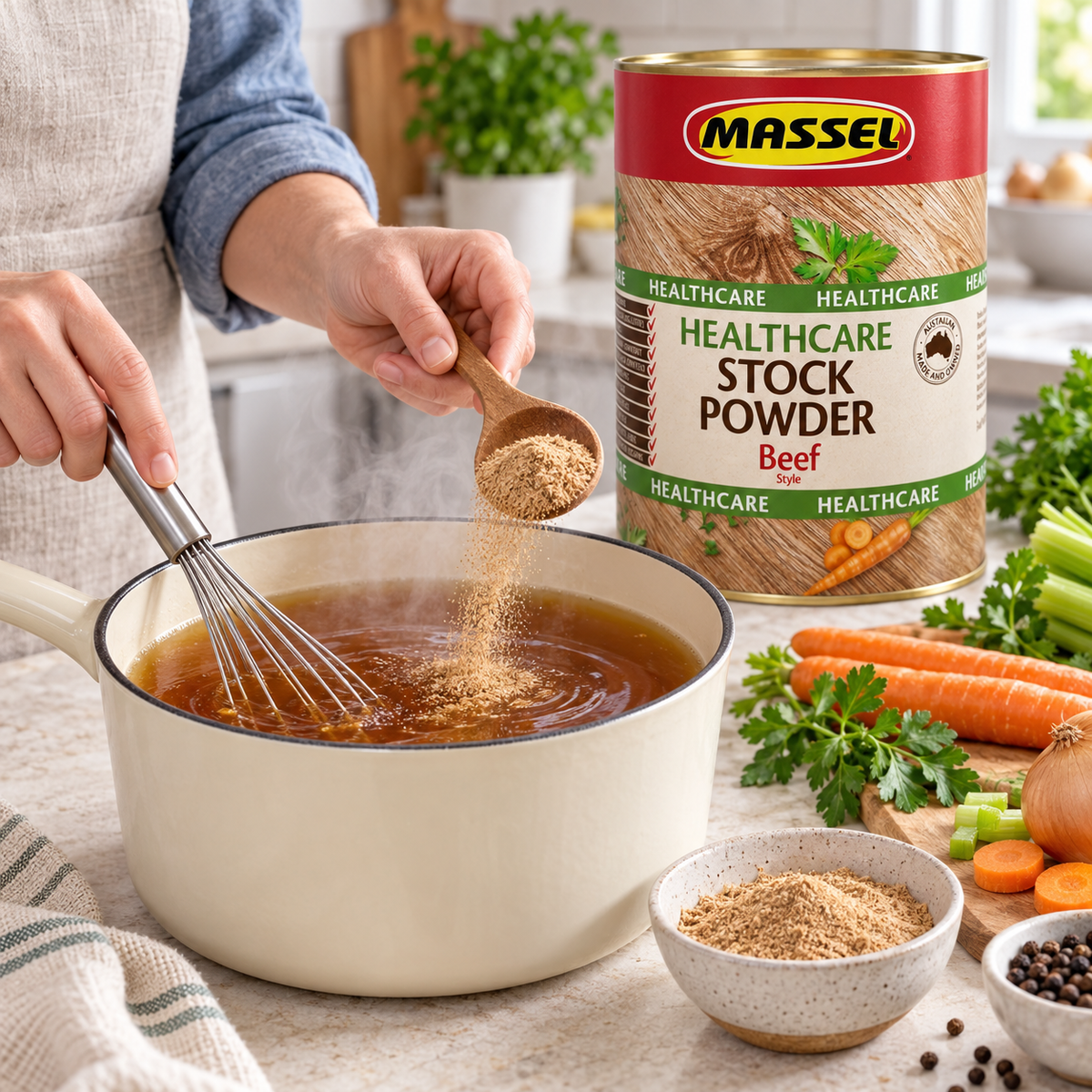 Close-up of Massel BULK Advantage Healthcare Beef Stock Powder tub packaging.