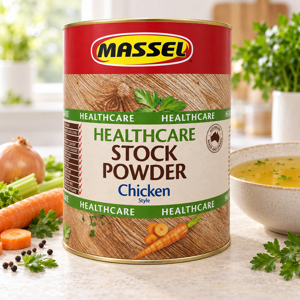 Massel BULK Advantage Healthcare Chicken Stock Powder tub on a kitchen counter.
