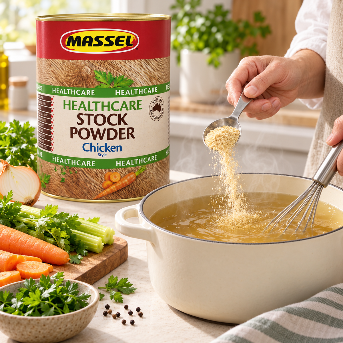 Close-up of Massel BULK Advantage Healthcare Chicken Stock Powder tub packaging.