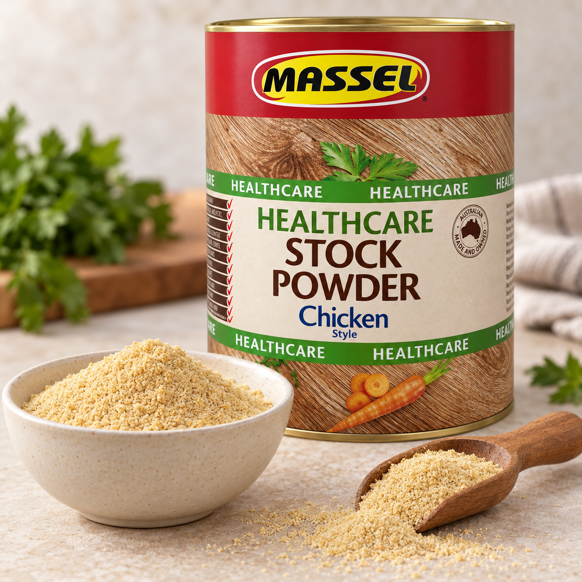 Massel BULK Advantage Healthcare Chicken Stock Powder being spooned into a pot.
