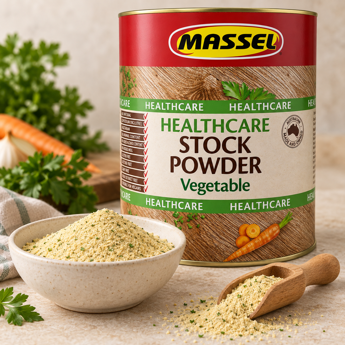 Massel BULK Advantage Healthcare Vegetable Stock Powder being spooned into a pot.