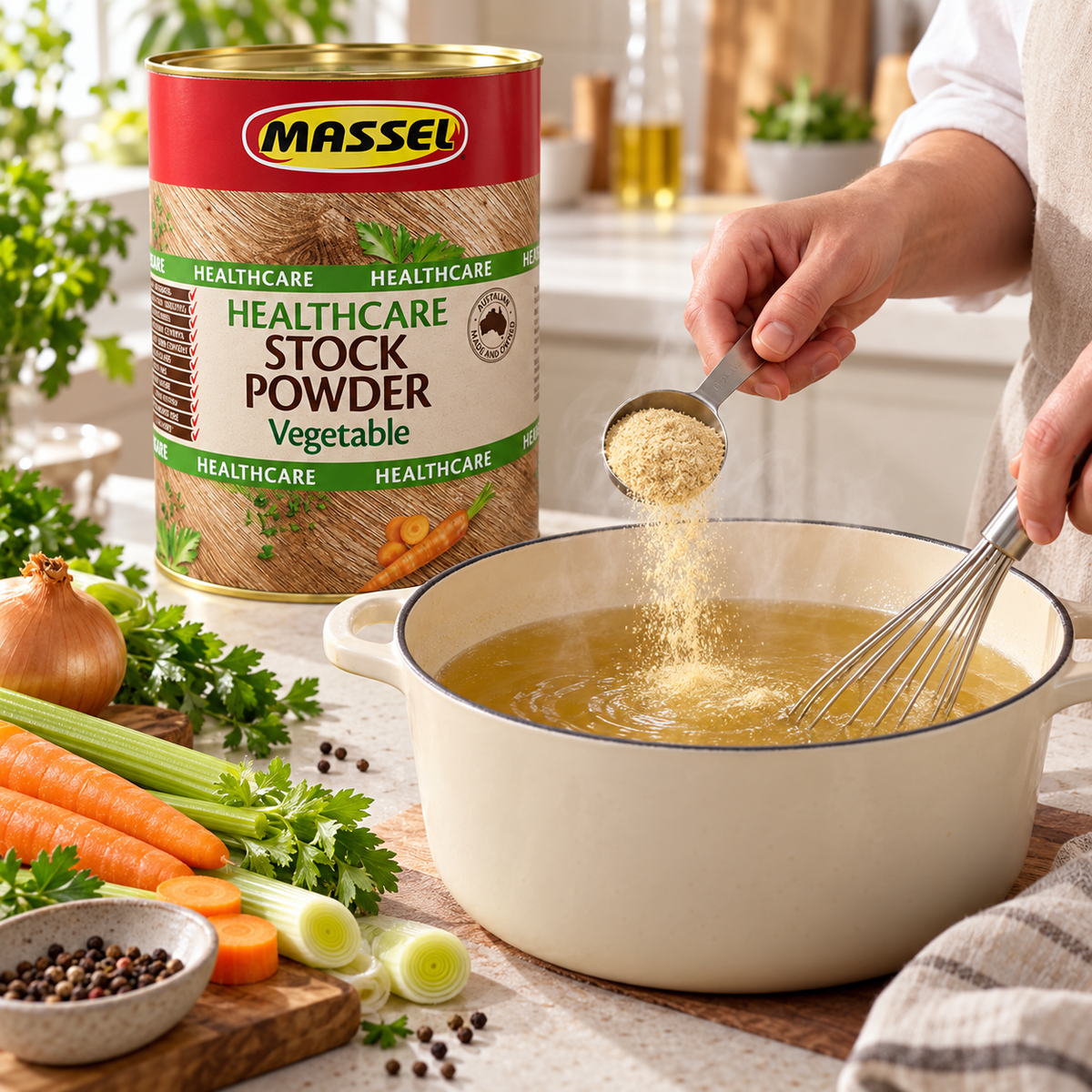 Close-up of Massel BULK Advantage Healthcare Vegetable Stock Powder tub packaging.