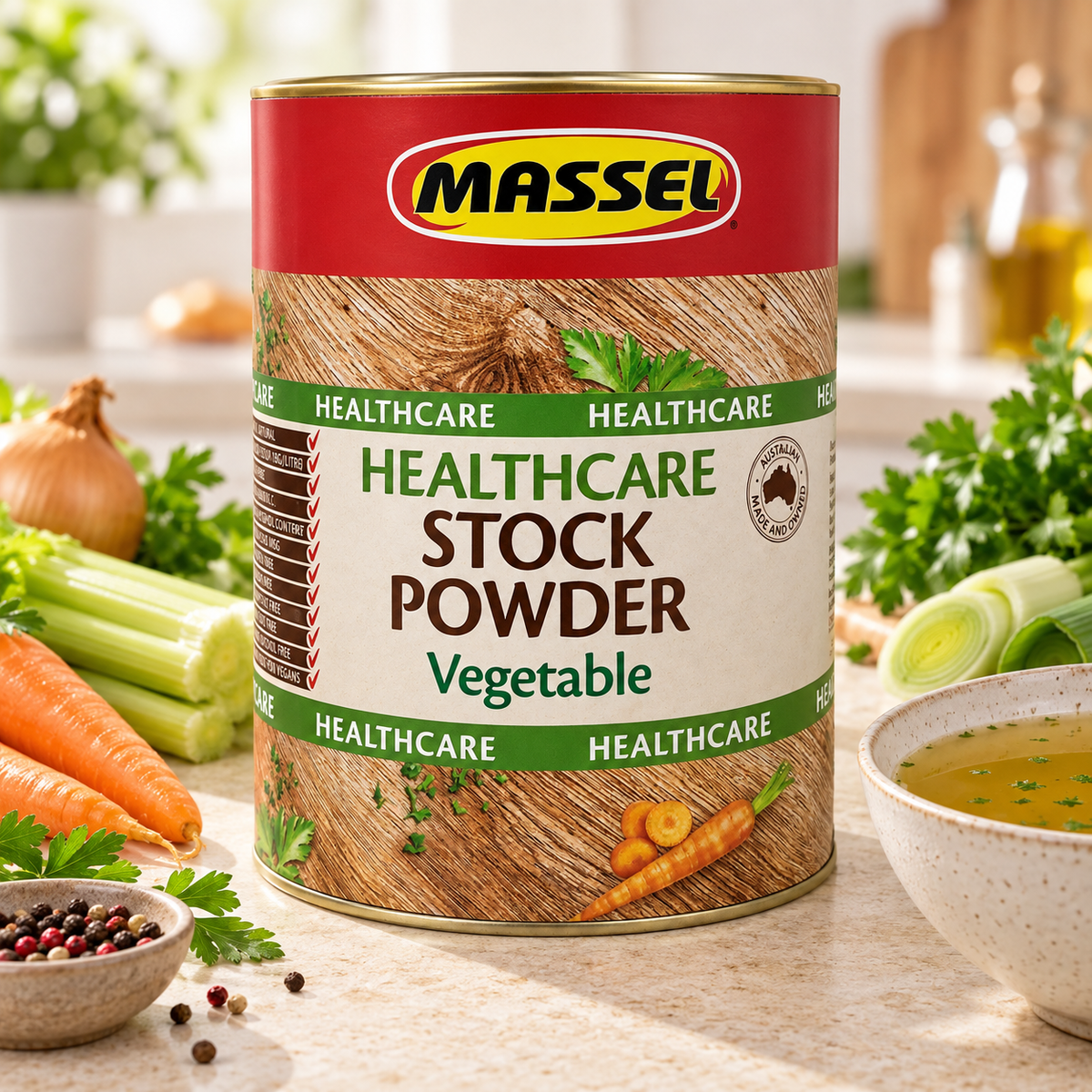 Massel BULK Advantage Healthcare Vegetable Stock Powder tub on a kitchen counter.