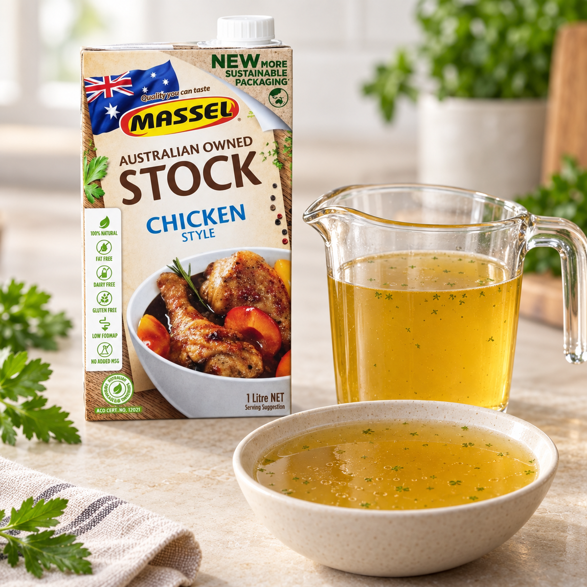 Massel Organic Liquid Stock Chicken Style being poured into a saucepan.