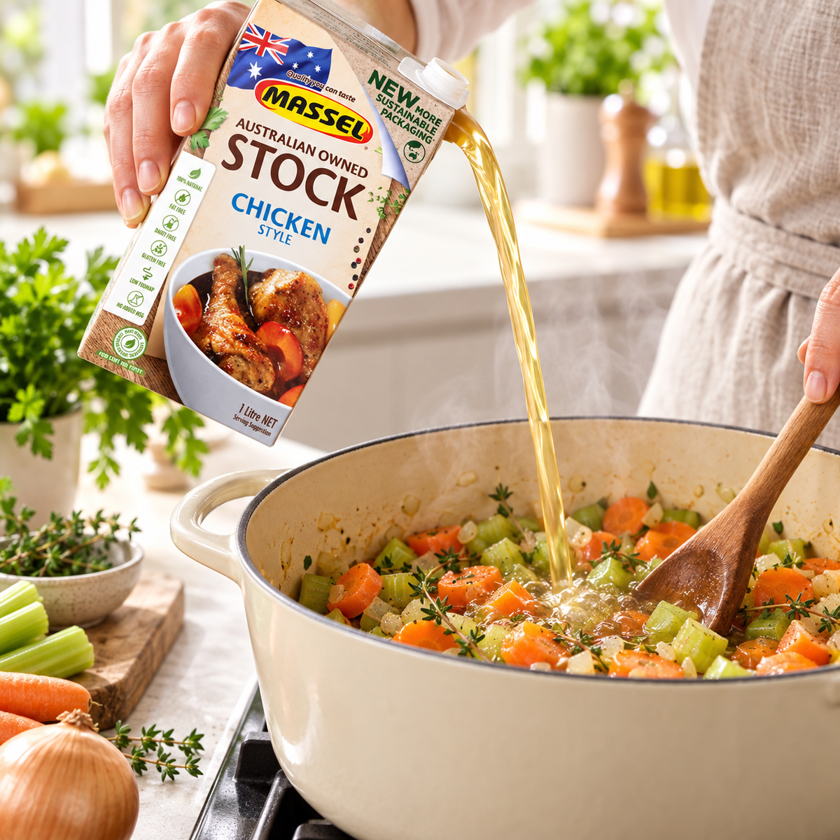 Close-up of Massel Organic Liquid Stock Chicken Style carton packaging.