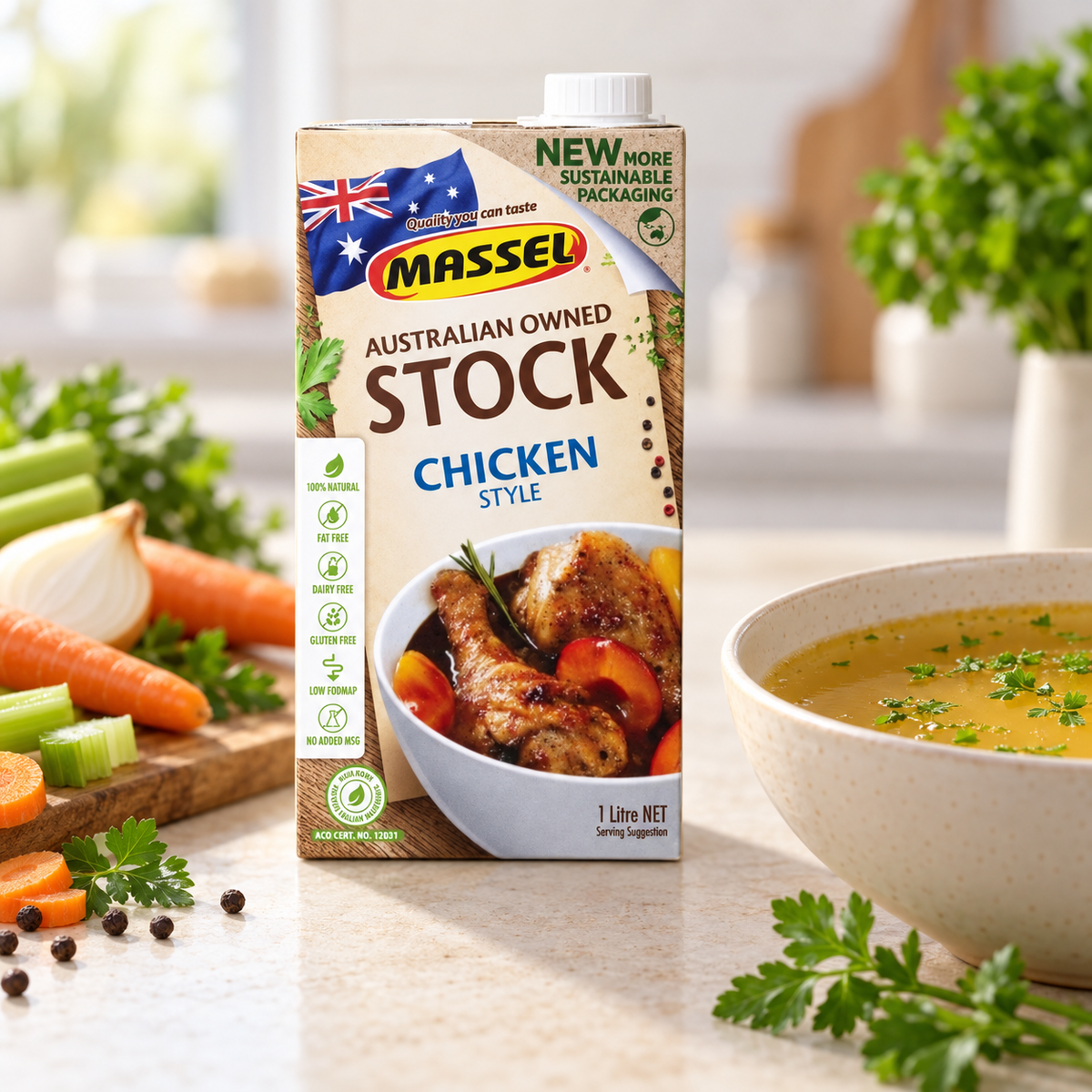Massel Organic Liquid Stock Chicken Style carton on a kitchen counter.