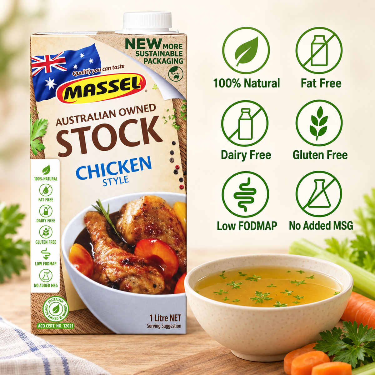 Massel Organic Liquid Stock Chicken Style used in a finished soup dish.