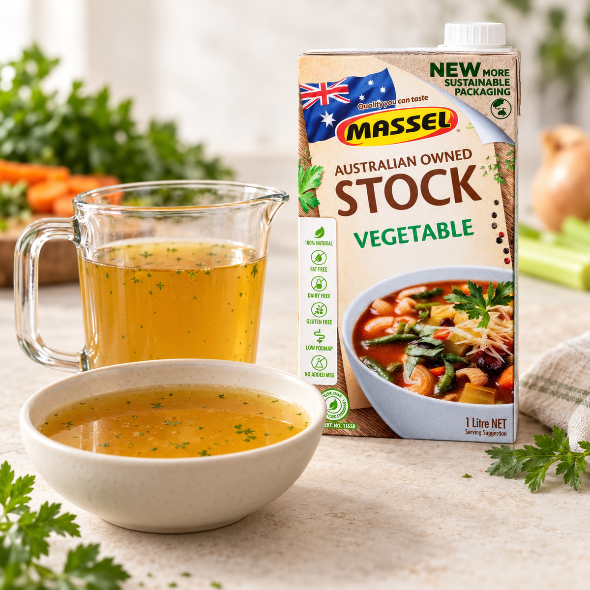 Massel Organic Liquid Stock Vegetable being poured into a saucepan.