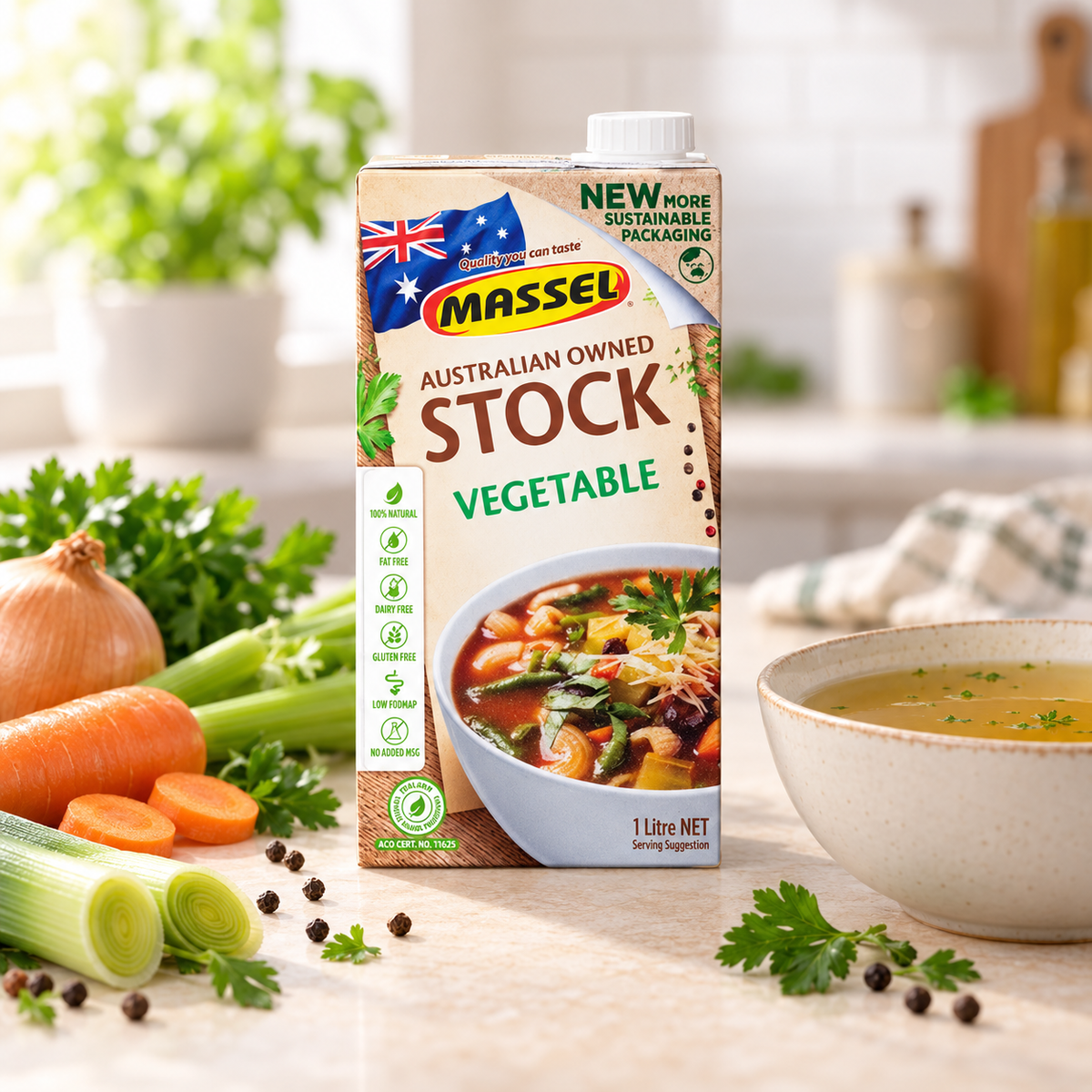Massel Organic Liquid Stock Vegetable carton on a kitchen counter.