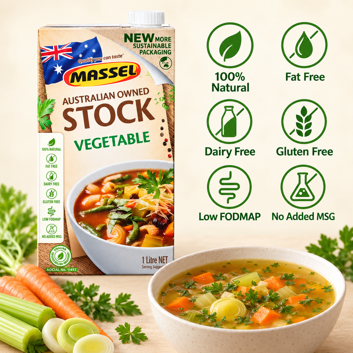 Massel Organic Liquid Stock Vegetable used in a finished soup dish.