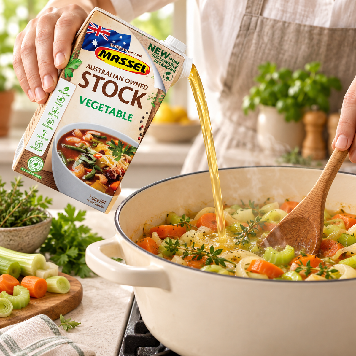 Close-up of Massel Organic Liquid Stock Vegetable carton packaging.