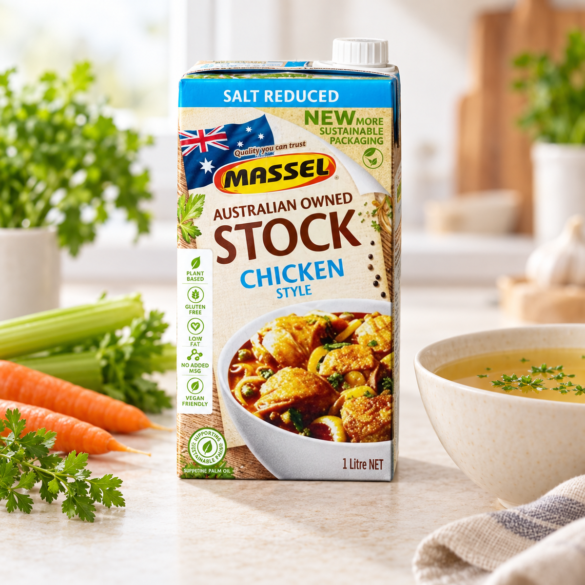 Massel Organic Liquid Stock Salt Reduced Chicken Style carton on a kitchen counter.
