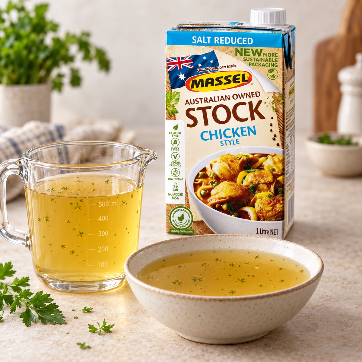 Massel Organic Liquid Stock Salt Reduced Chicken Style being poured into a saucepan.