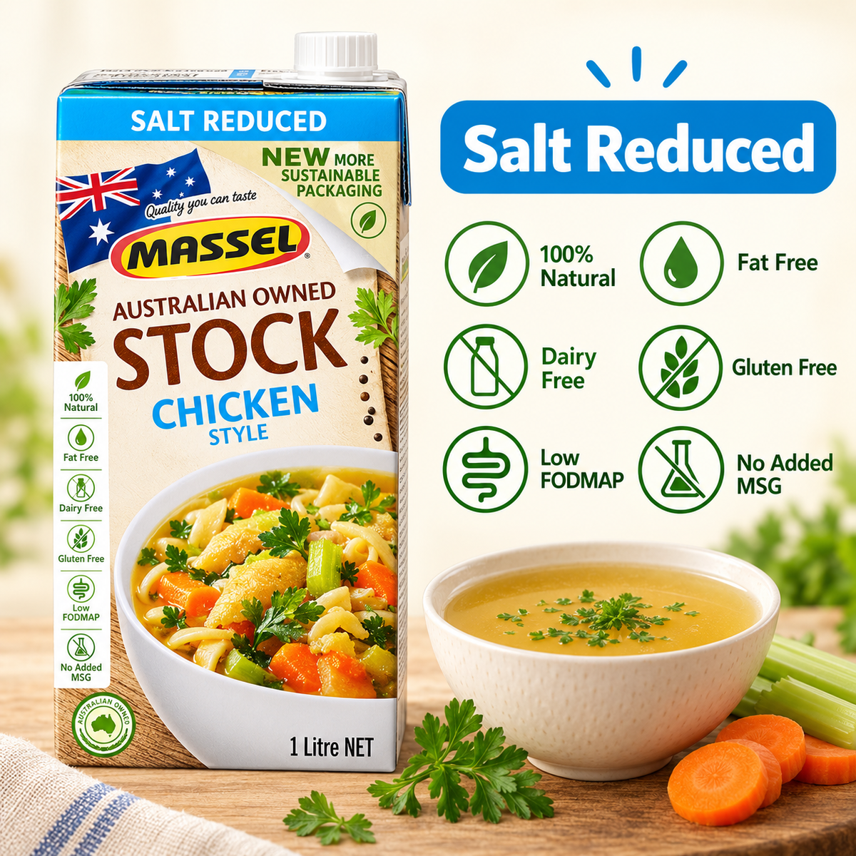 Massel Organic Liquid Stock Salt Reduced Chicken Style used in a finished soup dish.
