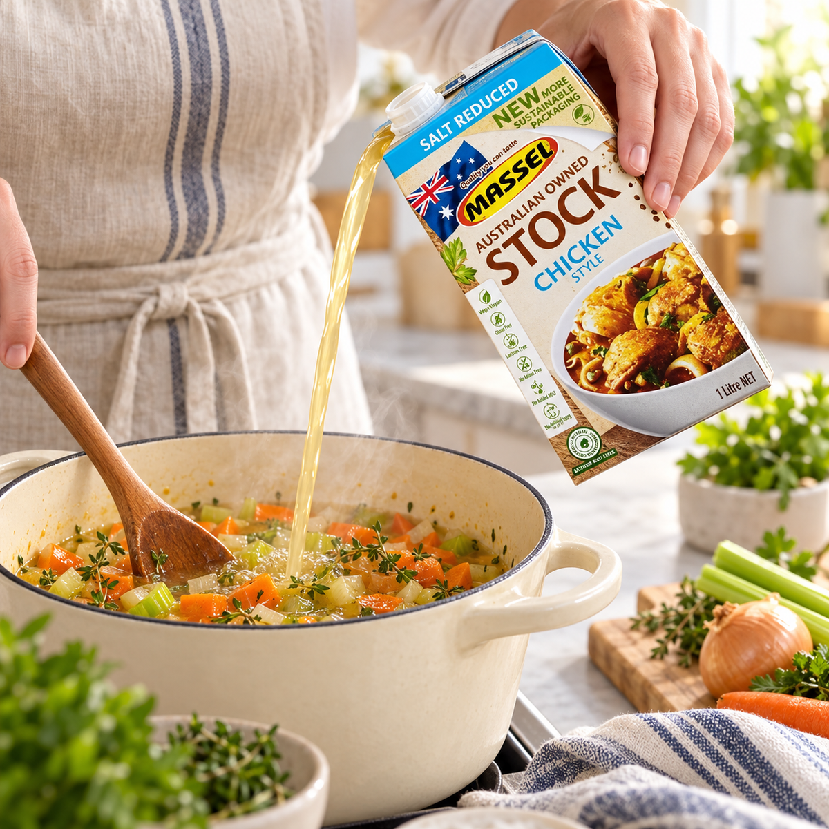 Close-up of Massel Organic Liquid Stock Salt Reduced Chicken Style carton packaging.