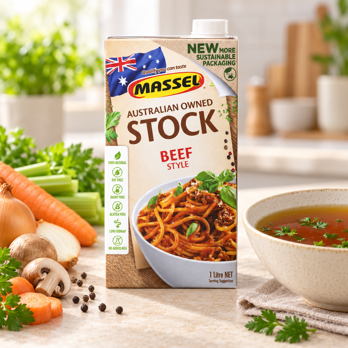 Massel Organic Liquid Stock Beef Style carton on a kitchen counter.