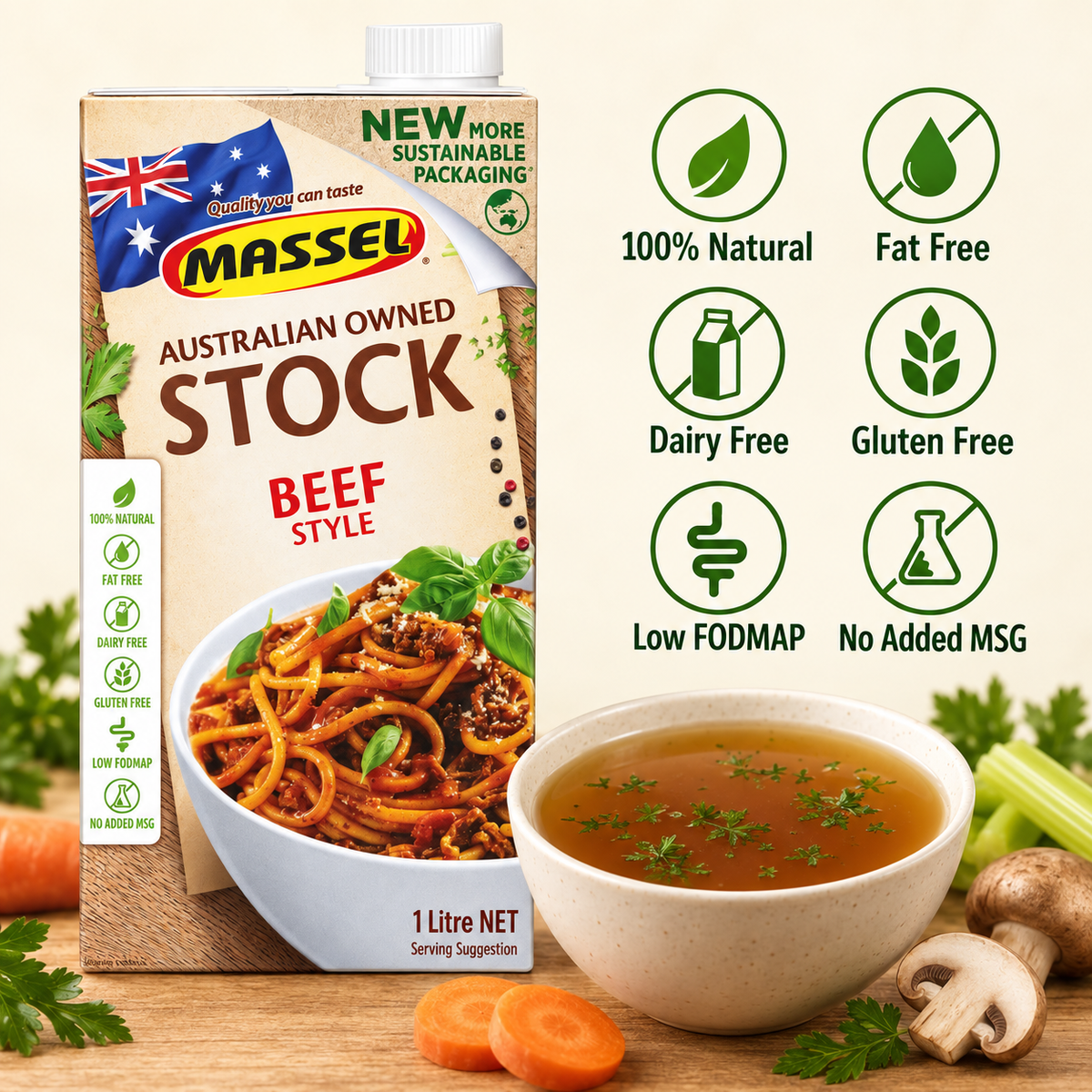 Massel Organic Liquid Stock Beef Style used in a finished soup dish.
