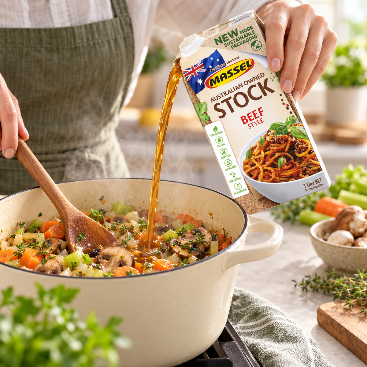 Close-up of Massel Organic Liquid Stock Beef Style carton packaging.