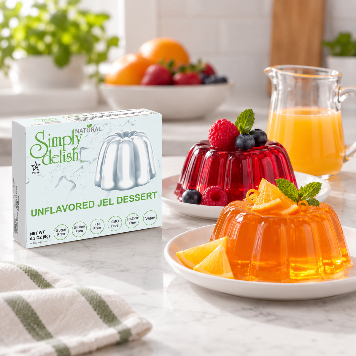 A prepared bowl of Simply Delish Unflavoured Jel Dessert, set without refrigeration.