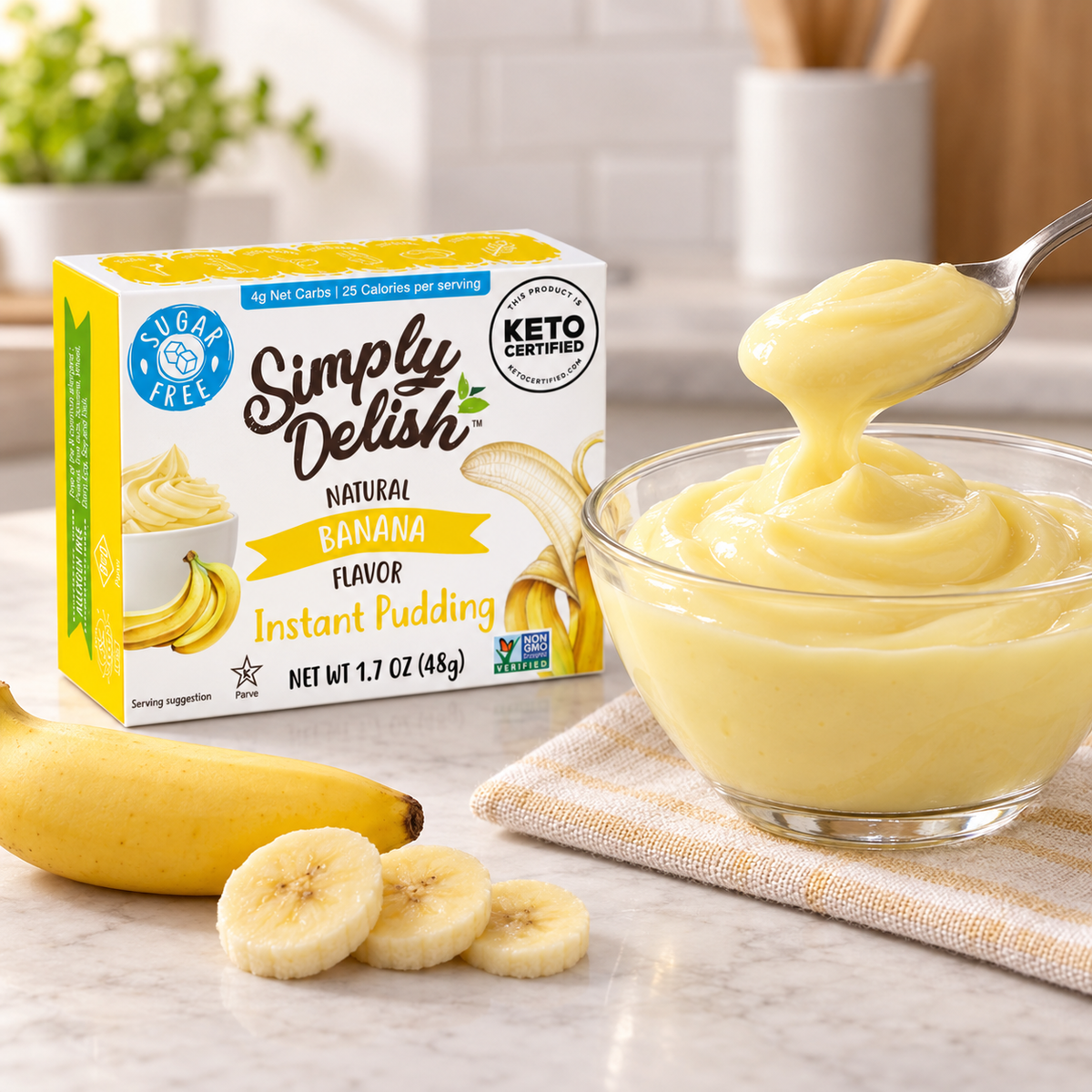 A prepared bowl of Simply Delish Natural Banana Instant Pudding, smooth and creamy.