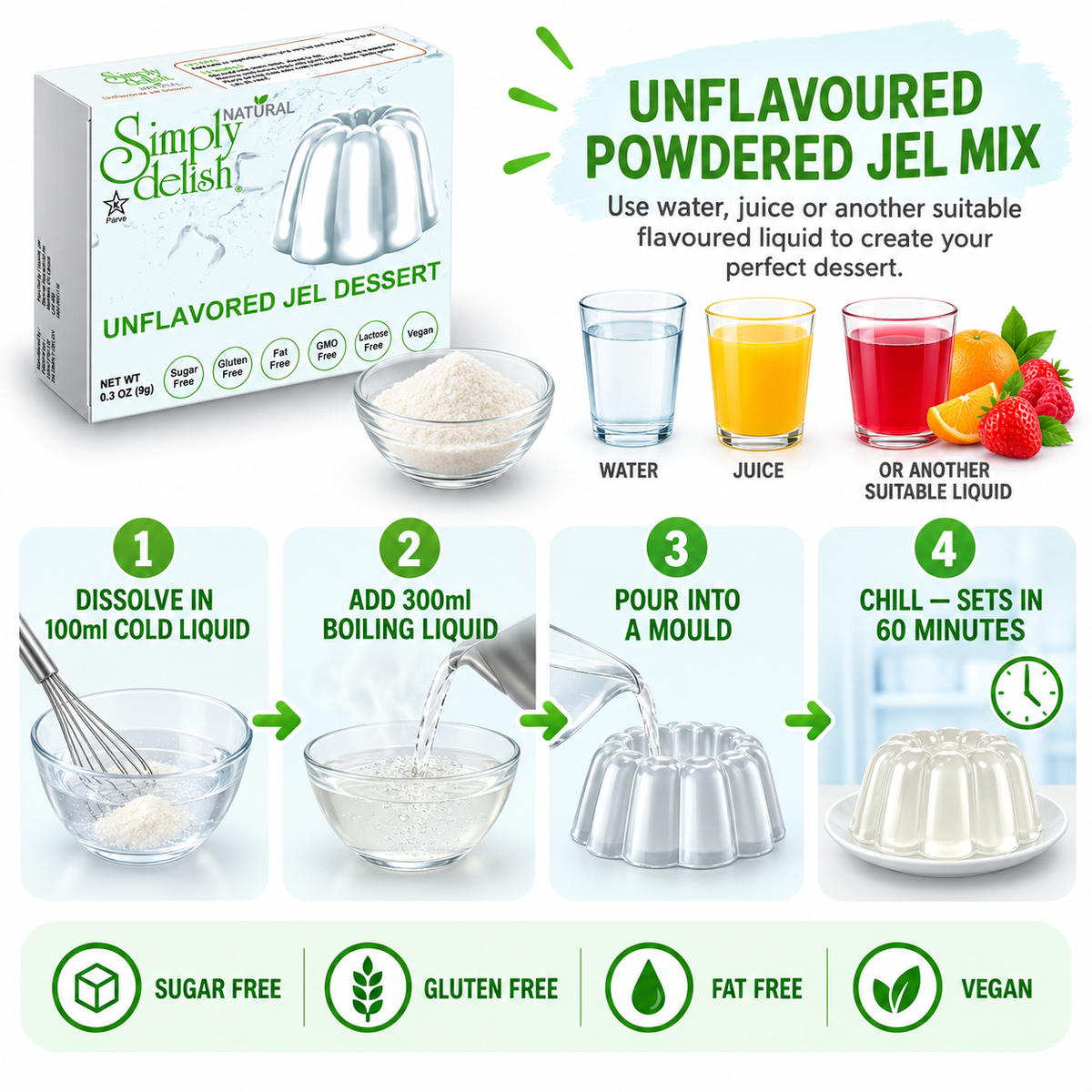 Simply Delish Unflavoured Jel Dessert, non-GMO and Kosher.