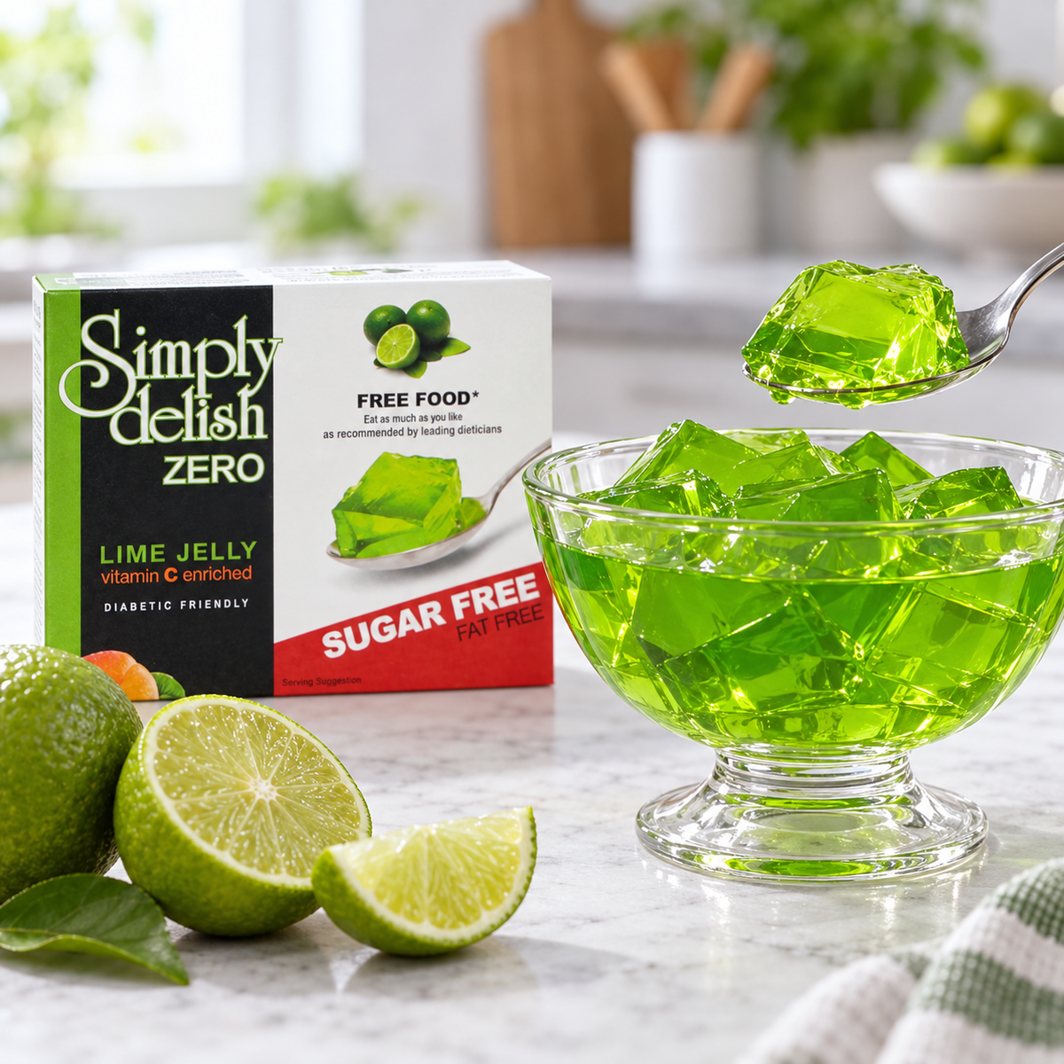 Simply Delish Lime Jelly Dessert, Halal and Kosher certified.