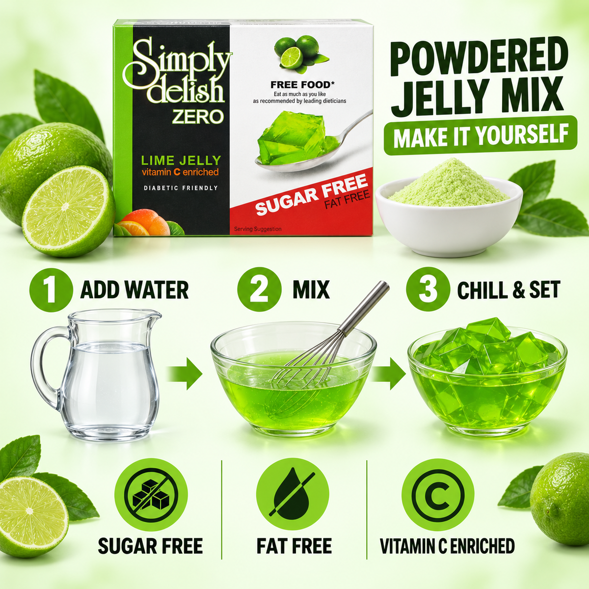 A prepared bowl of Simply Delish Lime Jelly Dessert, ready without refrigeration.