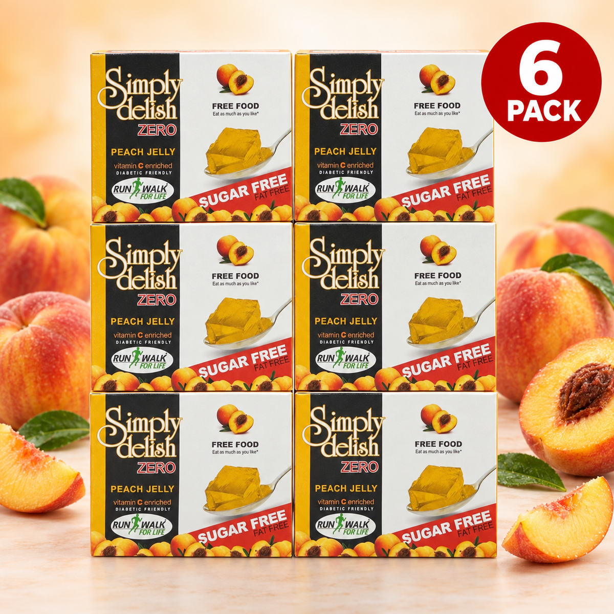 Close-up of Simply Delish Peach Jelly Dessert powder mix.