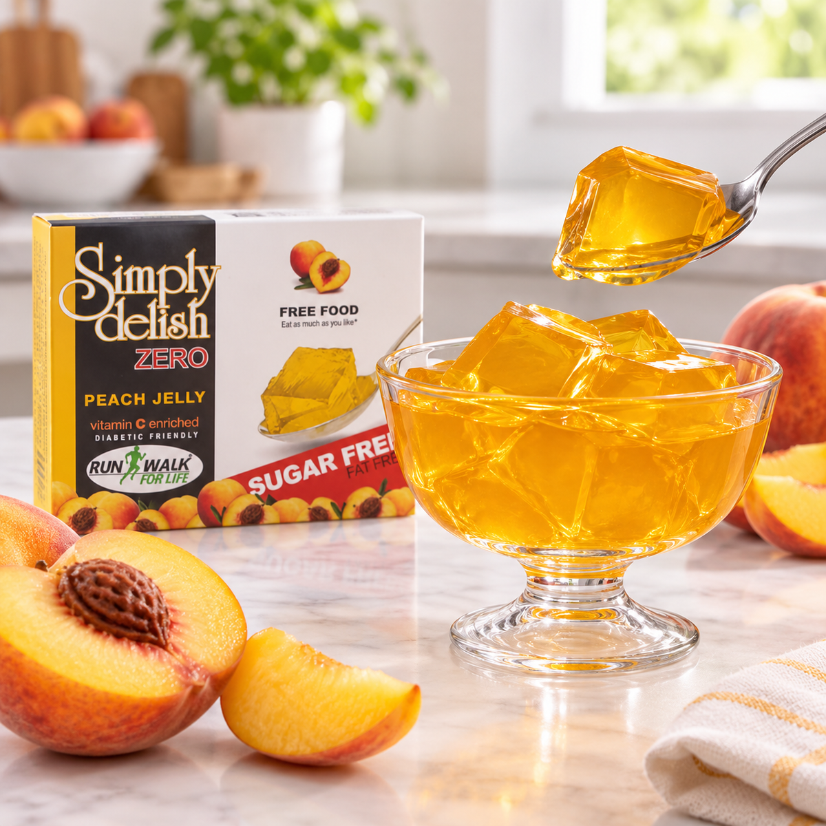 Simply Delish Peach Jelly Dessert, Halal and Kosher certified.