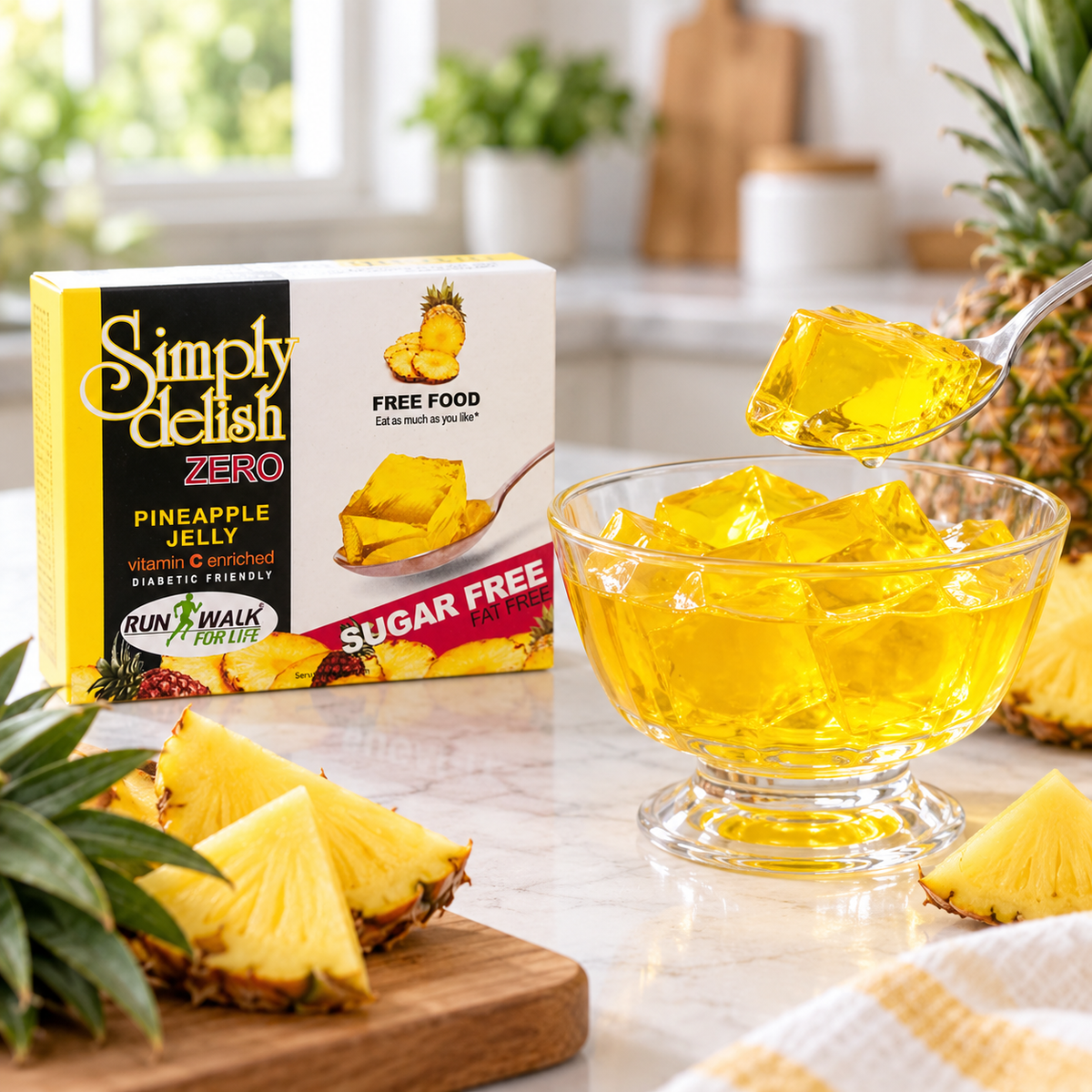 Simply Delish Pineapple Jelly Dessert, Halal and Kosher certified.