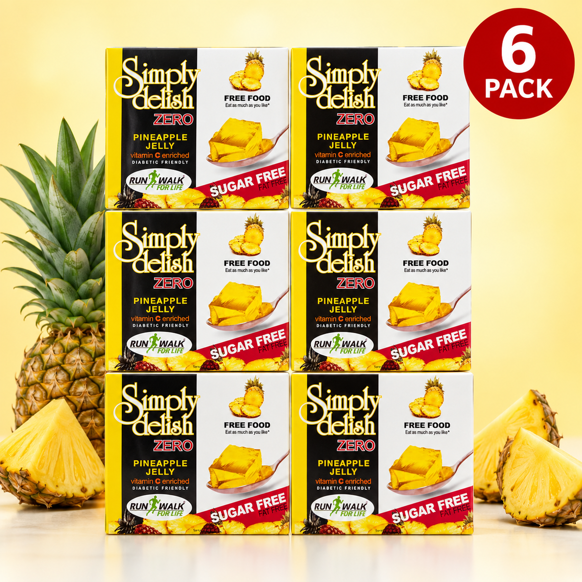 Close-up of Simply Delish Pineapple Jelly Dessert powder mix.