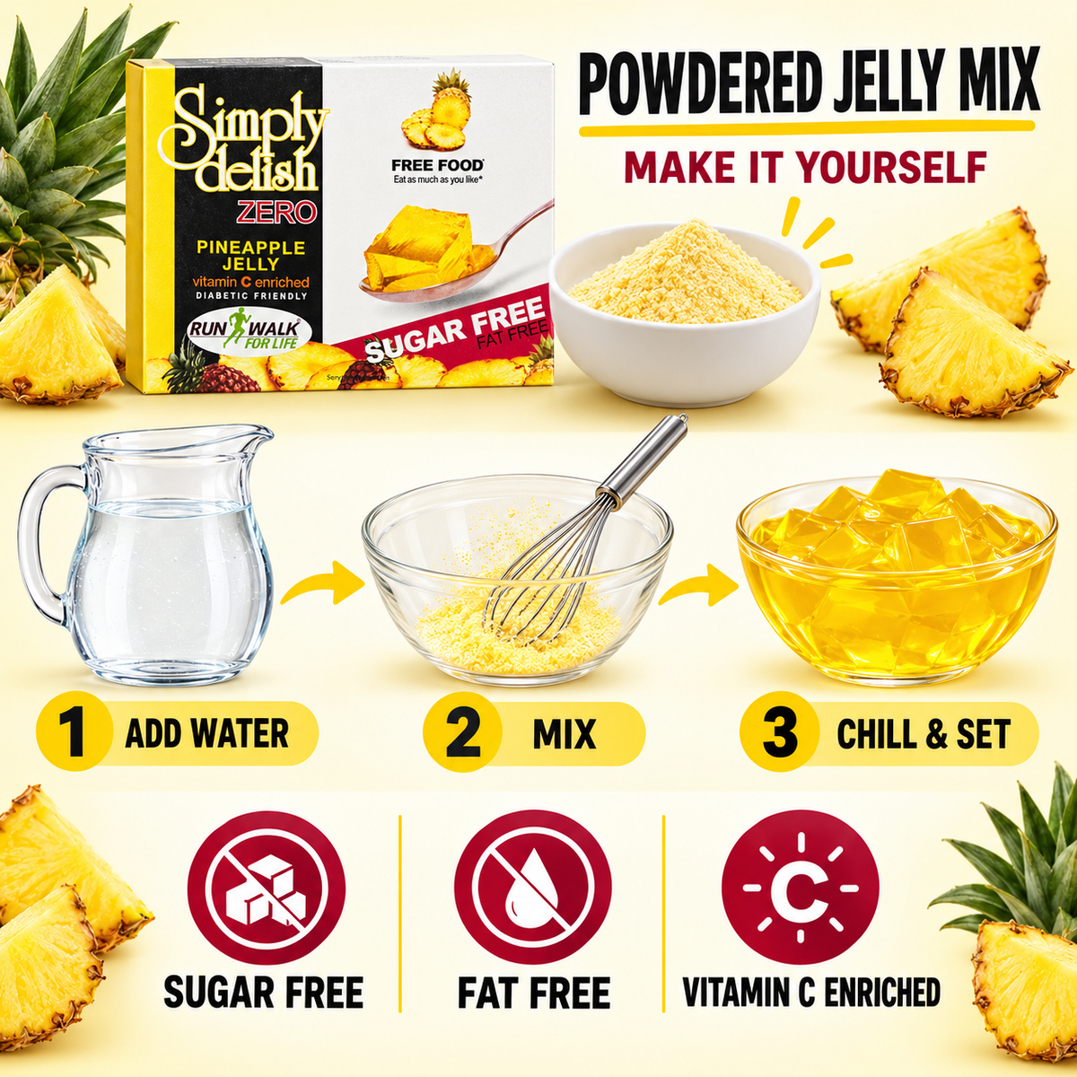 A prepared bowl of Simply Delish Pineapple Jelly Dessert, ready without refrigeration.