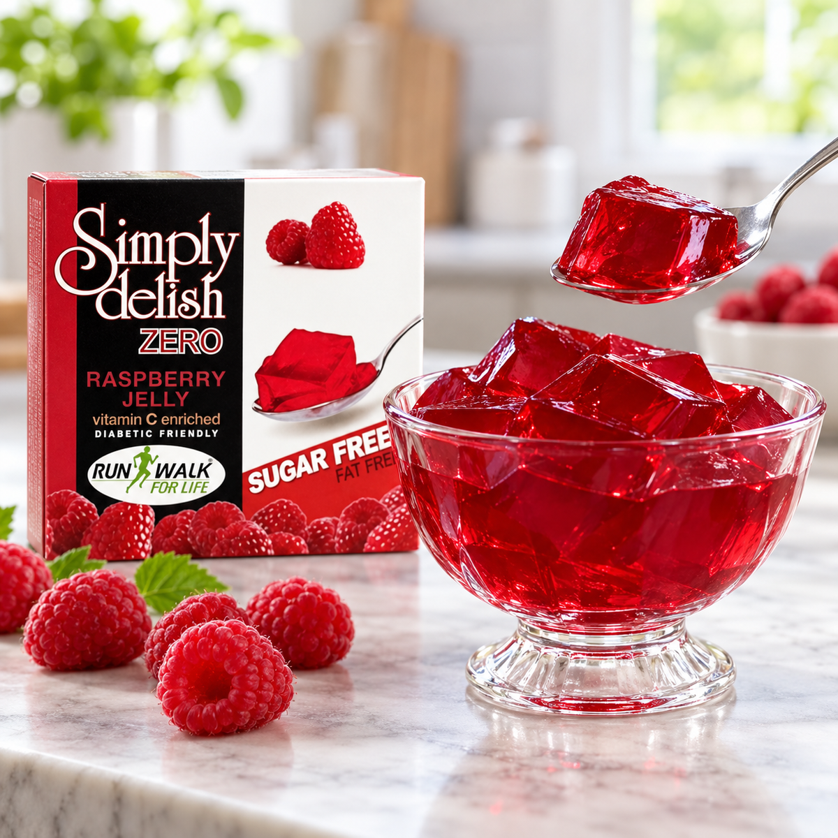 Simply Delish Raspberry Jelly Dessert, Halal and Kosher certified.