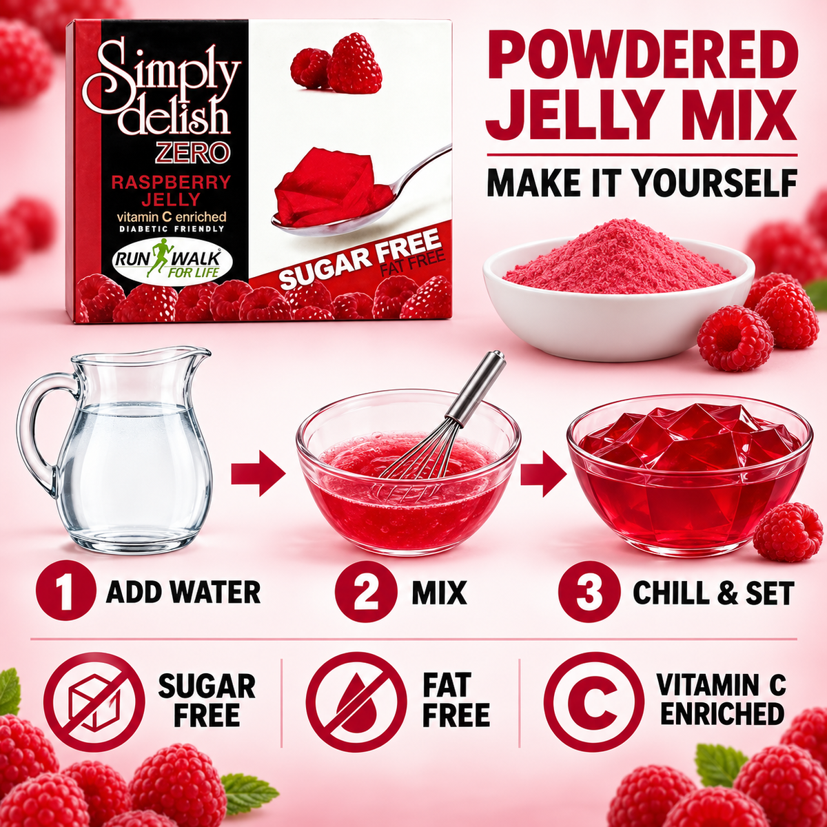 A prepared bowl of Simply Delish Raspberry Jelly Dessert, ready without refrigeration.