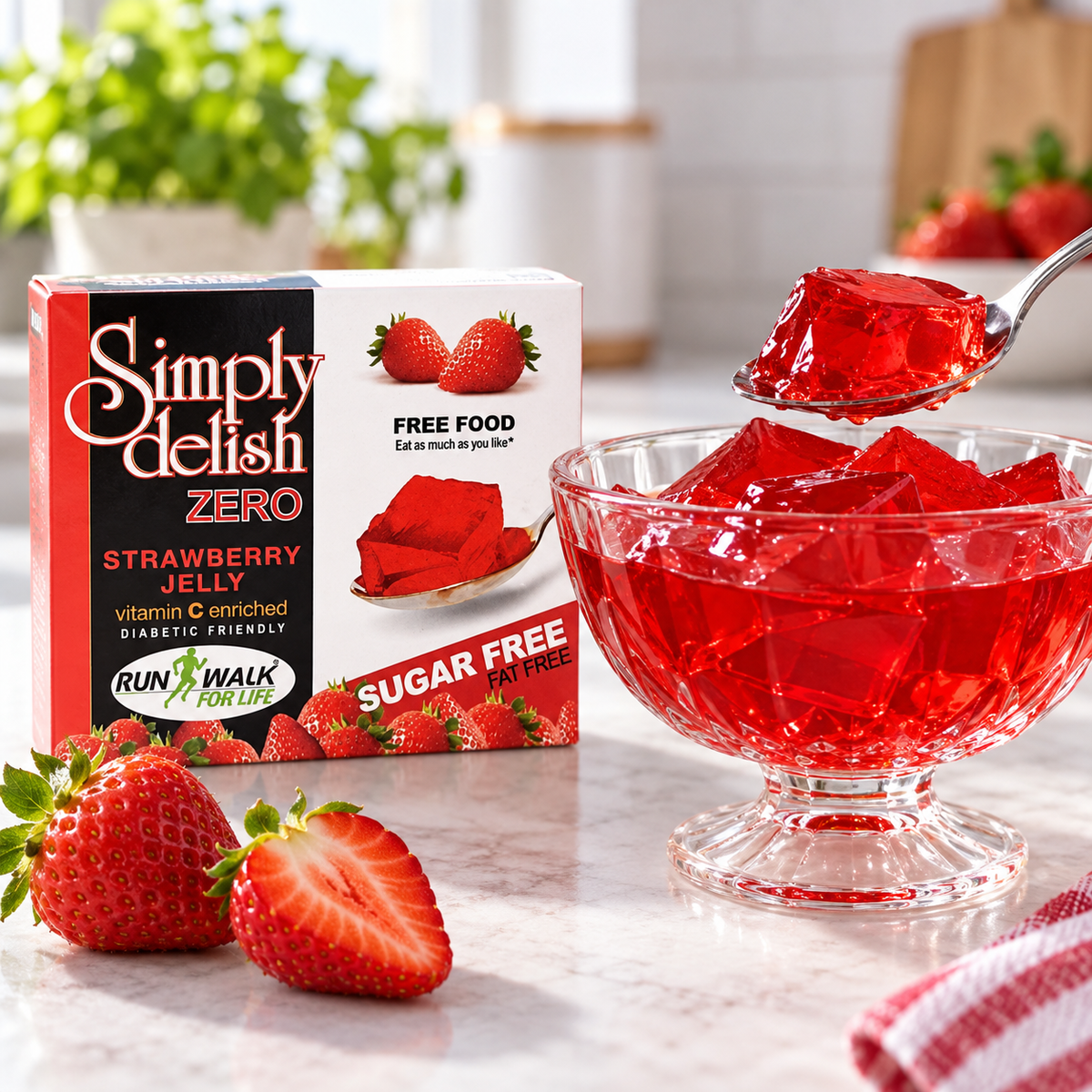 Simply Delish Strawberry Jelly Dessert, Halal and Kosher certified.