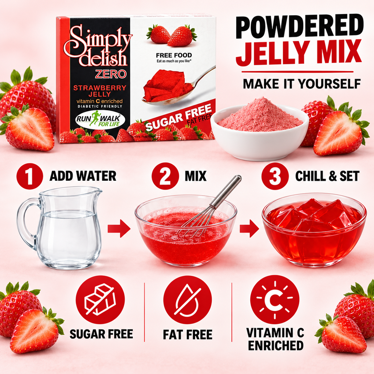 A prepared bowl of Simply Delish Strawberry Jelly Dessert, ready without refrigeration.