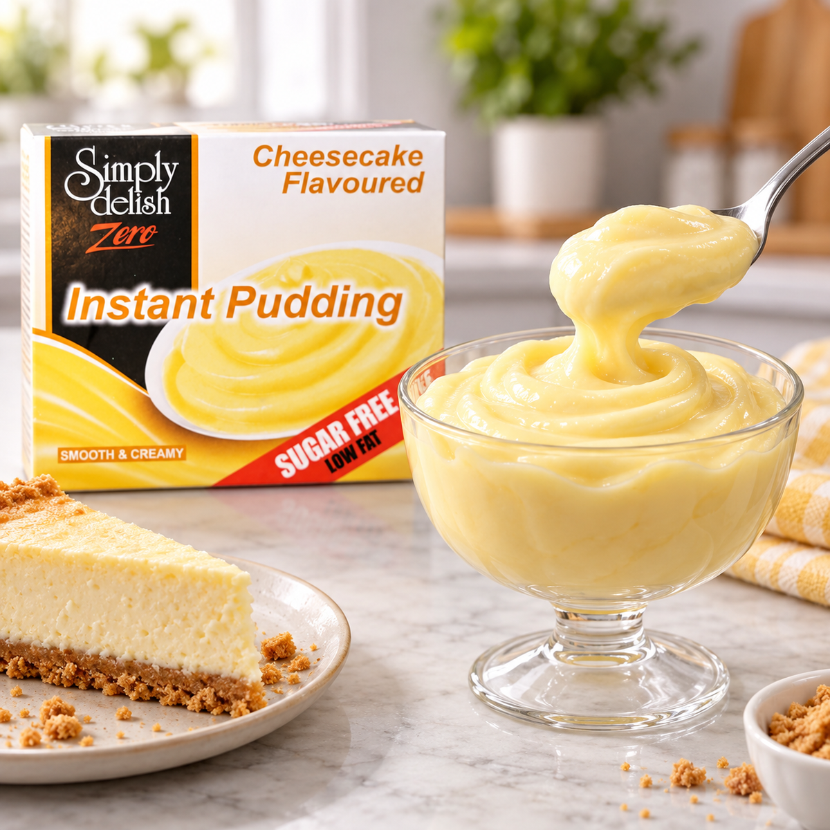A prepared bowl of Simply Delish Cheesecake Instant Pudding, smooth and creamy.